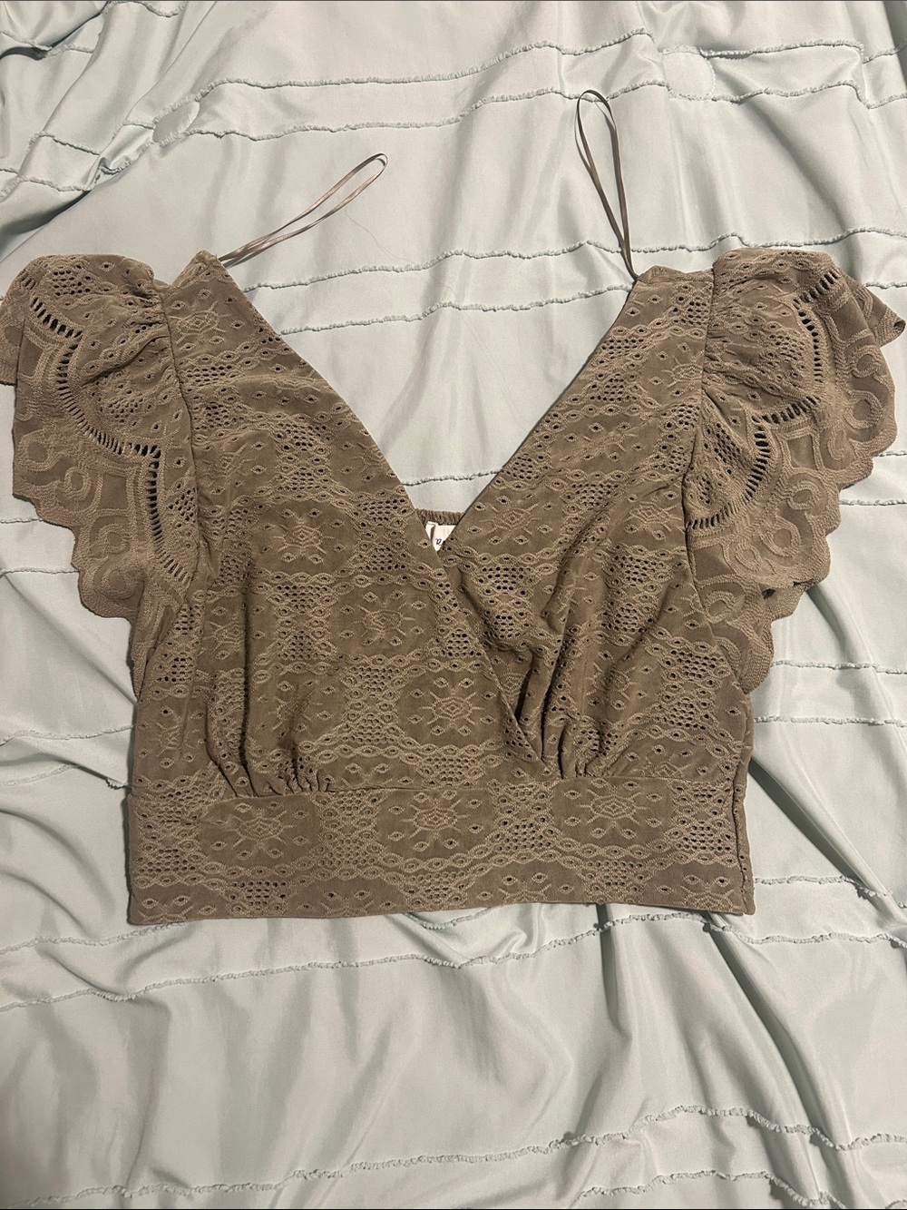 URBAN Romantics Olive Green Lace Eyelet V-Neck Crop Top